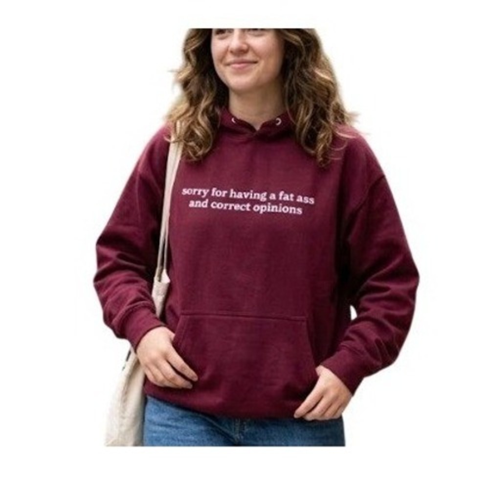Fat A$$ & Correct Opinions Hoodie Sweatshirt Maroon White Graphic Fleece 2X